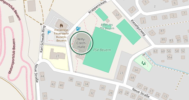 Kartenausschnitt: Die Willi-Czech-Halle an der Neuen Straße in Beuern, direkt neben dem Sportplatz des FSV Beuern